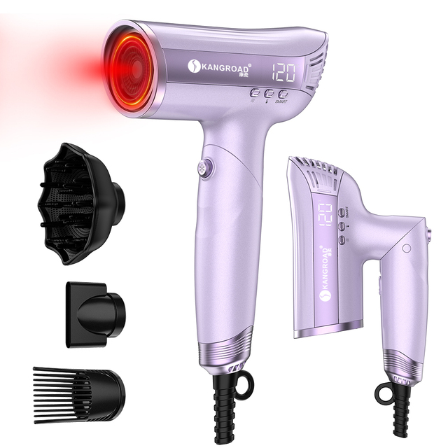 Kangroad Professional Led Digital Display Infrared High-speed Ai Mode Plasma Foldable Hair Dryer with Magnetic Comb Diffuser