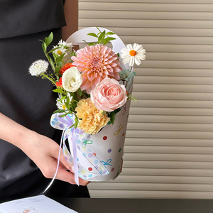 Polka Dot <strong>Flower</strong> Carry <strong>Box</strong> <strong>Round</strong> Bottom Handle Gift <strong>Box</strong> Bouquet Container Florist Wholesale - Product Image 2