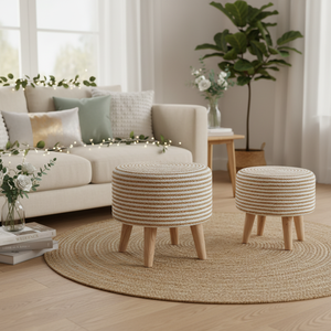 Modern Jute <b>White</b> Cotton Lining Wooden Base Ottoman Stool Poufs Braided Design Color Changing <b>2</b>-<b>Piece</b> <b>Set</b> Wedding - Product Image 3