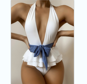Tùy Chỉnh Bơi Phù Hợp Với Cô Gái Ánh Sáng Màu Xanh Cắt Ra Áo Tắm Một Mảnh Đồ Bơi Tam Giác Tắm Suit - Product Image 2