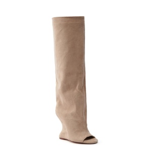 Eleganti Stivali da Donna in Finta Pelle Scamosciata <span class=keywords><strong>Nude</strong></span> con Zeppa e Punta Aperta, Stivali Alti al Ginocchio con Chiusura a Strappo - Product Image 3