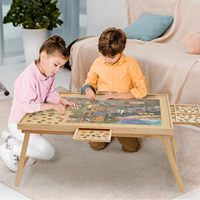 Casse-tête en bois naturel pour adultes 1500 pièces Planche à puzzle 4 tiroirs Couvre-jambes pliable 34.3 \ "x 26.5 \" Support de rangement pour jouets