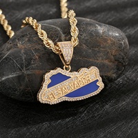 Kalung Liontin Peta Fashion Trendy yang Dapat Dikustomisasi, Perhiasan Kuningan Hip Hop, Berlapis Emas Biru Enamel CZ Zirkon, Pesona Latin