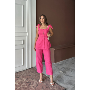 Chaleco de Lino Talla XS Shantuk, Conjunto de Blusa Casual con Tirantes y Pantalones para Mujer en Tejido de Punto Sólido Color Fucsia, Top Corto - Product Image 5