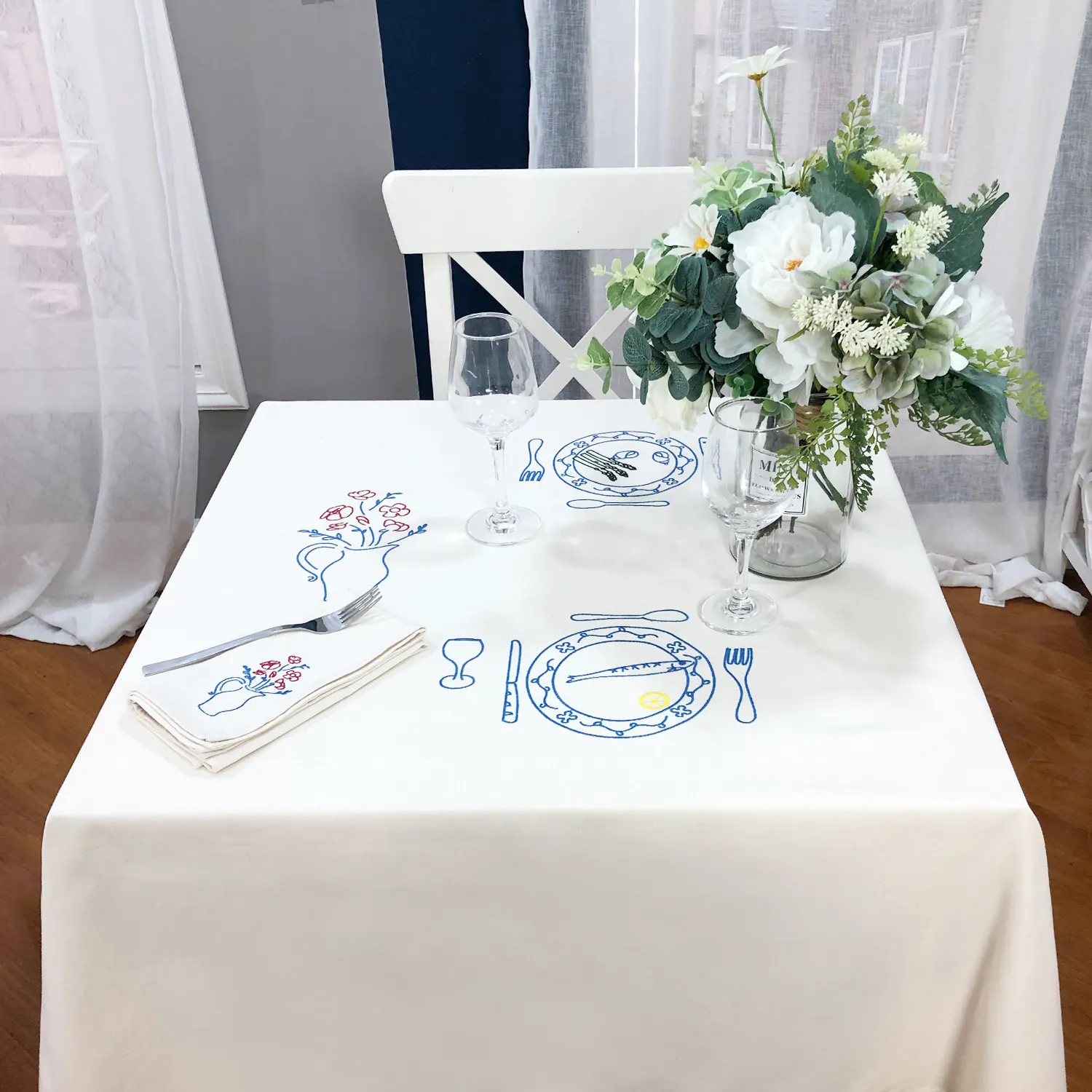 Taplak meja pola bunga warna polos bordir gaya Pastoral bahan katun poliester teknologi tenun tahan air