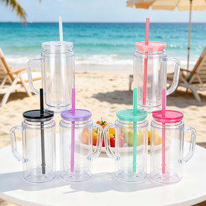 Gobelet en plastique avec paille 500 ml, à double paroi, avec poignée, portable, pour usage extérieur - Product Image 4