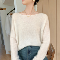 Pulls en maille ODM Fluffy 12gg, écologiques, bleu clair, de luxe, de haute qualité, en mohair et alpaga, coupe ample, col bateau, style décontracté