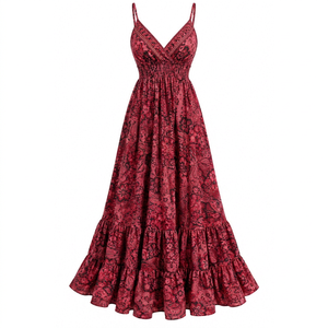 Robe longue bohème rouge à fleurs pour femme, col en V, bretelles spaghetti, coupe trapèze, ourlet à volants, ample, décontractée pour l'été - Product Image 1