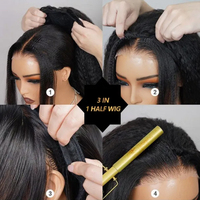 Perruque mi-tête 3-en-1 sans colle, cheveux brésiliens Go Yaki, fabriquée à la machine, avec clips, bouclés style birman, mi-humains, texture Kinky Straight