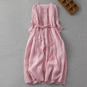 2023 Summer Artistic Vintage Neck Double-Layer <strong>Ethereal</strong> Lace-Up Loose Waist Mid-Length Travel Vacation <strong>Dress</strong> Women's Thin Pocket - Product Image 1