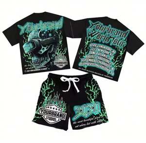 Custom Logo Heavyweight Acid Wash Oversized Designer Two-Piece Set Vintage Cotton Boxy Graphic T-<b>Shirts</b> for Casual Summer Style - Product Image 1