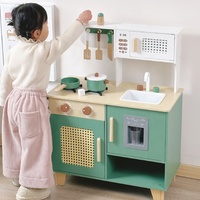 StarQmi Ensemble de cuisine en bois rétro vert pour enfants, avec accessoires de cuisson et ustensiles, pour les tout-petits et les enfants d'âge préscolaire de 2 à 7 ans
