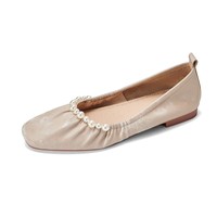 Ballerines rétro françaises à bout carré et perles, chaussures plates plissées souples antidérapantes pour femmes, chaussures confortables à enfiler