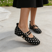 Chaussures plates Mary Jane à pois pour femmes, bout rond, double boucle, décorations métalliques, style rétro français, à enfiler, décontractées et habillées