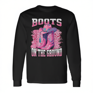 Camiseta de manga larga con estampado de botas vaqueras rosas de leopardo para hombre y mujer - Product Image 2