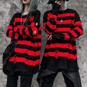 Áo len nam sọc rách, dáng rộng, màu đen đỏ, thời trang, tay dài - Product Image 3