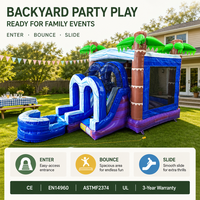 Château gonflable à double toboggan avec piscine à jets d'eau, thème palmier tropical, écologique, capacité 600 kg, location pour fêtes d'enfants