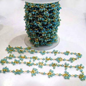 Chaîne de perles pendantes en calcédoine aquatique et quartz hydro, motif fleur, 4 mm, rondes, facettées, en grappe, style chapelet, vendue au mètre - Product Image 1