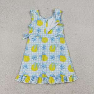GSD3684 RTS Baby Girl Summer Blue plaid bows <b>Lemon</b> <b>print</b> sleeveless yoga <b>Dress</b> Wholesale <b>dress</b> - Product Image 3