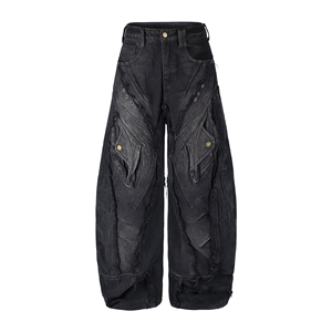 <span class=keywords><strong>Jeans</strong></span> Masculinos de Alta Qualidade, Estilo Industrial Escuro, com Retalhos Estruturais, Perna Larga, Corte Solto, Desfiado e com Borlas, Lavado, de Designer Personalizado - Product Image 3