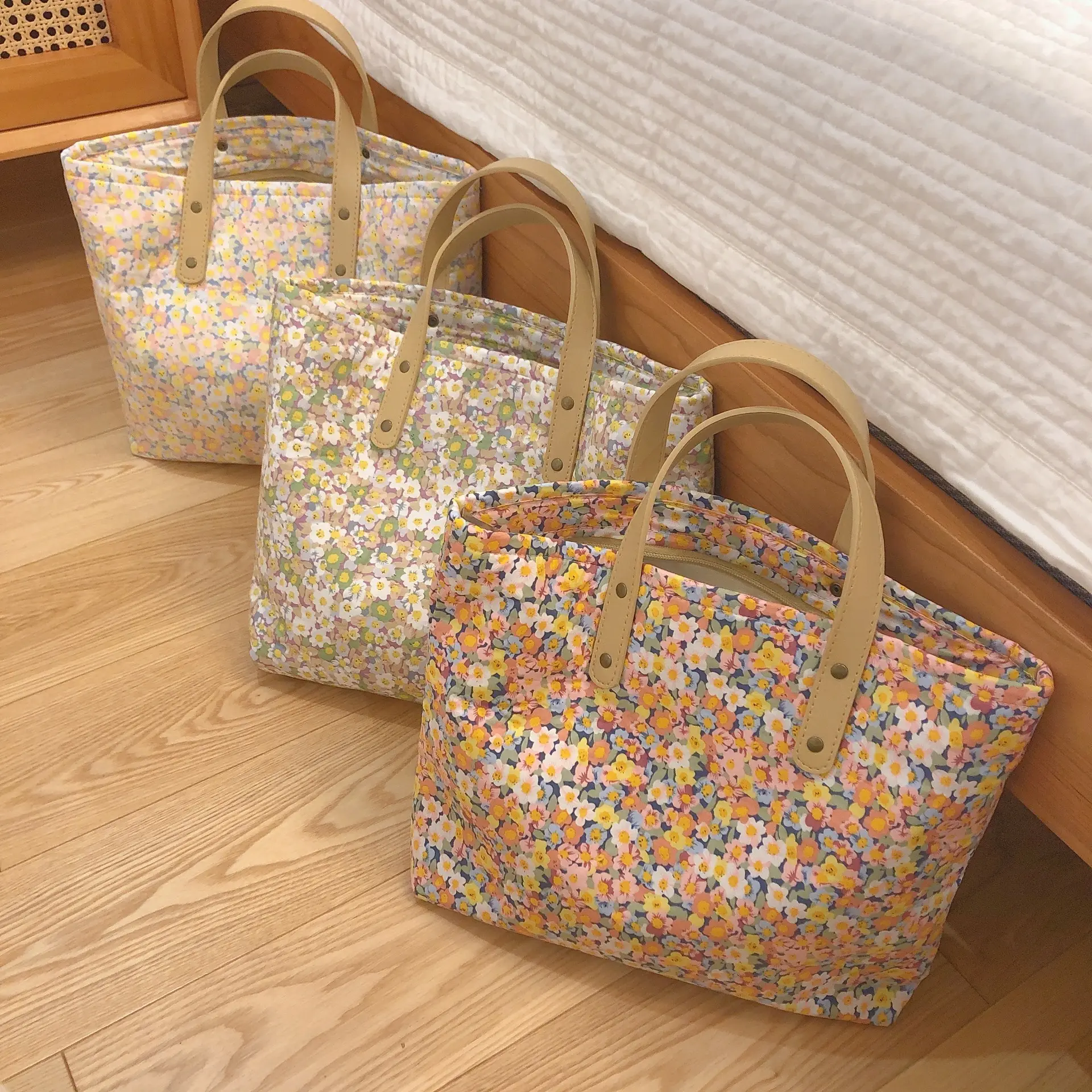 Sac à provisions en toile de coton naturel avec imprimé floral Sac fourre-tout pour le voyage