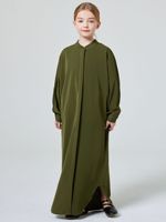 Gaun Muslimah Anak Perempuan Warna Hijau Polos dengan Belahan Samping dan Kancing Depan Model Sederhana 2026 Dubai Abaya Anak