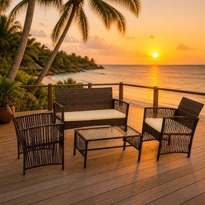 Set di Mobili da Giardino Moderni in Rattan, Divano e Poltrone in Vimini PE con Tavolo in Vetro per Bordo Piscina - Product Image 4