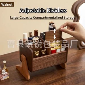 Adjustable Dividers Wooden <b>Makeup</b> Storage <b>Box</b> Large Capacity Compartmentalized Desktop Organizer Walnut Finish - Product Image 1