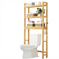 Meuble de rangement pour toilettes Smiry, organisateur de salle de bain en bambou à 3 niveaux, étagère réglable, 4 crochets, montage mural, étagère gain de place pour salles de bain