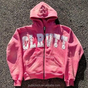 Streetwear vintage personnalisé 100% coton Zip Up en détresse broderie Patch acide lavage à capuche hommes - Product Image 3