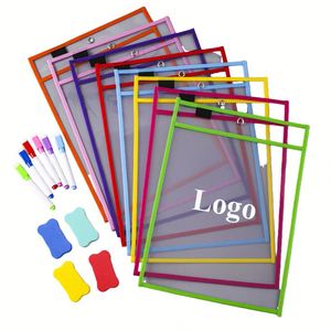 Pochettes transparentes réutilisables effaçables à sec avec logo personnalisé, format 25,5x35,5cm, couleurs assorties, pour écriture et dessin, idéales pour la maison, en PET - Product Image 1