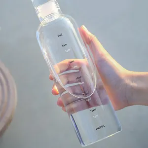 Commercio all'ingrosso eco friendly riutilizzabile borosilicato bottiglia di acqua 500ml a prova di perdite di vetro bottiglia di acqua graduata con coperchio