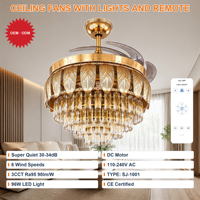 Ventilateur de plafond moderne invisible en cristal doré de 48 pouces avec lumières LED, moteur DC, 6 vitesses, cristal K9, variateur d'intensité, pour la maison et le bureau