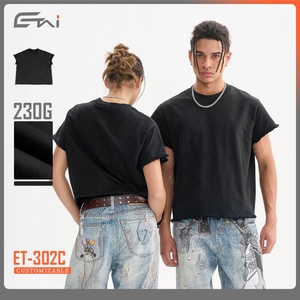Camiseta de alta calidad de gran tamaño recortada de primavera dobladillo desgastado y parte inferior acanalada cuello redondo mangas cortadas camiseta para hombres - Product Image 1