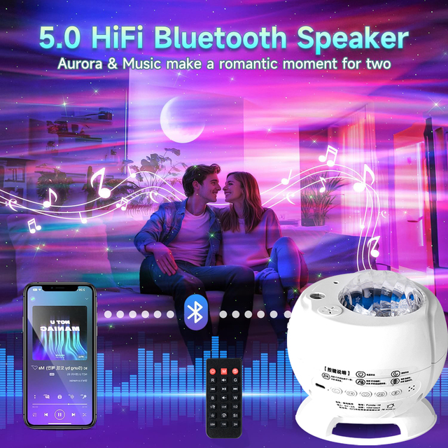 Aroma Projector Light with BT Speaker, Dynamic Water Ripple & Northern Lights Effect, Moon and Stars Night Lamp