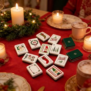 Jeu de Mahjong Américain de Noël avec Tuiles Père Noël et Rennes, 160 Pièces en Acrylique Vert Vintage, Gravées, pour 4 Joueurs, Tapis Inclus, Cadeau de Fêtes - Product Image 5