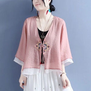 Women's Cotton Linen Embroidered Cardigan Pink Three Quarter Sleeve Chinese Style <b>Top</b> With Geometric Pattern - Product Image 1