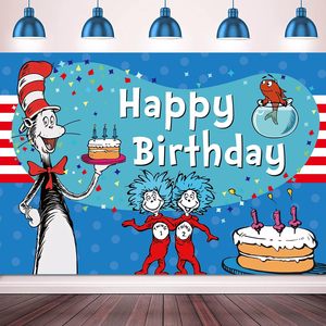 Décorations de fête d'anniversaire <span class=keywords><strong>Dr</strong></span> Seu, bannière de <span class=keywords><strong>fond</strong></span> bleue Joyeux Anniversaire, décorations de chat, bannière de <span class=keywords><strong>fond</strong></span>, accessoires de photomaton - Product Image 5