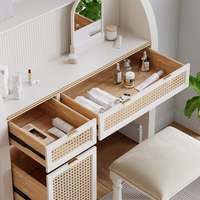 KD furniture Farmhouse Ensemble de coiffeuse de maquillage blanche Coiffeuse en rotin avec tabouret et miroir