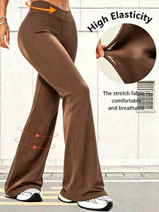 High Waist Flared Leg Yoga <b>Leggings</b> Full Length Solid Color Stretchy Fabric Seamless Design <b>Brown</b> - Product Image 3
