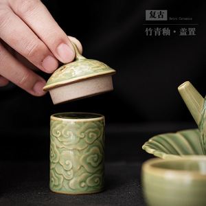 Support de couvercle en céramique rétro, glaçure verte, motif nuages porte-bonheur, pour tasses à thé, accessoires de service à thé, origine Dehua, lavage à la main uniquement - Product Image 2