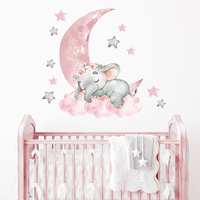 Autocollants muraux imprimés éléphant endormi et lune bleus et roses, peintures murales décoratives pour chambre d'enfant, décorations murales pour chambre d'enfant
