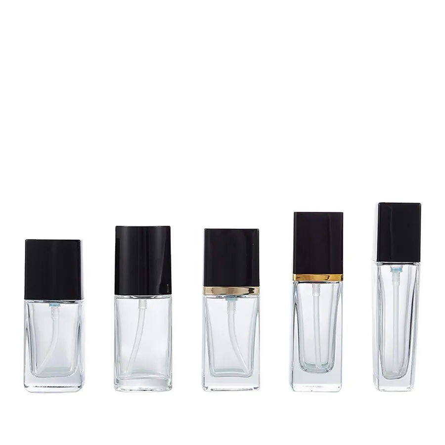 30ml luxury glass clear square foundation bottle set with black cap for cosmetic packaging
