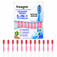Mini brosse à dents jetable 5 en 1 |   Brosses à dents Miswak |   Distributeur de dentifrice intégré, brossette à dents, gratte-langue |   Kit de soins bucco-dentaires de voyage