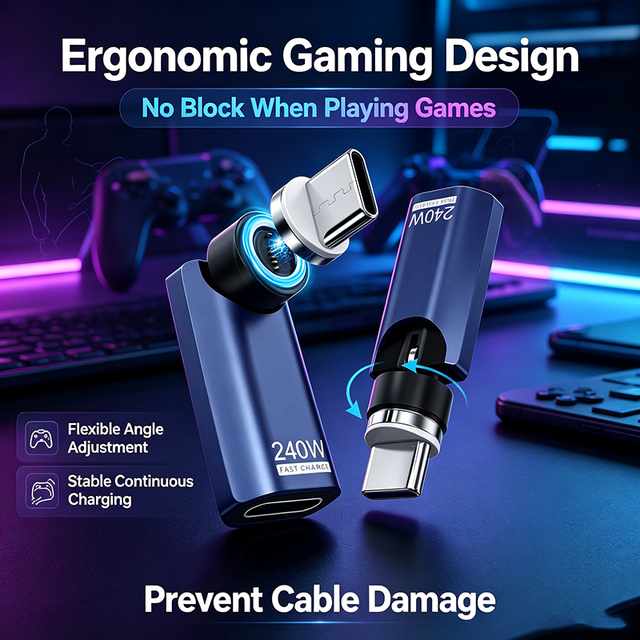 540 Degree Rotating Magnetic USB C Adapter 240W PD Fast Charging Type C Magnetic Connector Aluminum Alloy