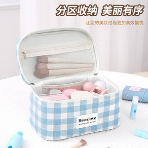 Speed And Constancy Cosmetic <b>Bag</b> <b>Large</b> Capacity Travel <b>Makeup</b> Storage Case For Women With Zipper Handle Blue Red Checkered - Product Image 5