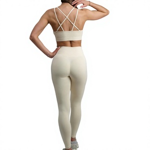 Beige Women Seamless Yoga Set Criss Cross Back Sports Bra High Waist Ribbed Scrunch <b>Leggings</b> 2 Piece Breathable Anti-Wrinkle <b>Gym</b> - Product Image 5