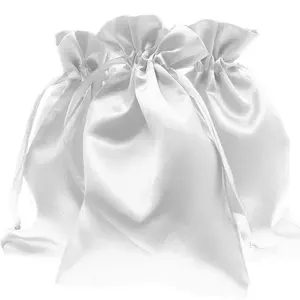 Çevre dostu özel logo beyaz beraberlik ipli çantalar mücevherat büzgülü torba saten takı kılıfı