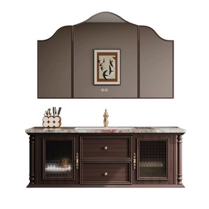 Mobile Bagno in Legno Massello Cinese, Finitura Laccata Moderna Color <span class=keywords><strong>Castagno</strong></span>, Lavabo in Ceramica a Parete, Specchio Smart per Casa - Product Image 4