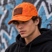Casquettes de baseball 6 panneaux en gros, personnalisables, camouflage orange, patch drapeau en caoutchouc, perforées au laser, respirantes, performance sportive